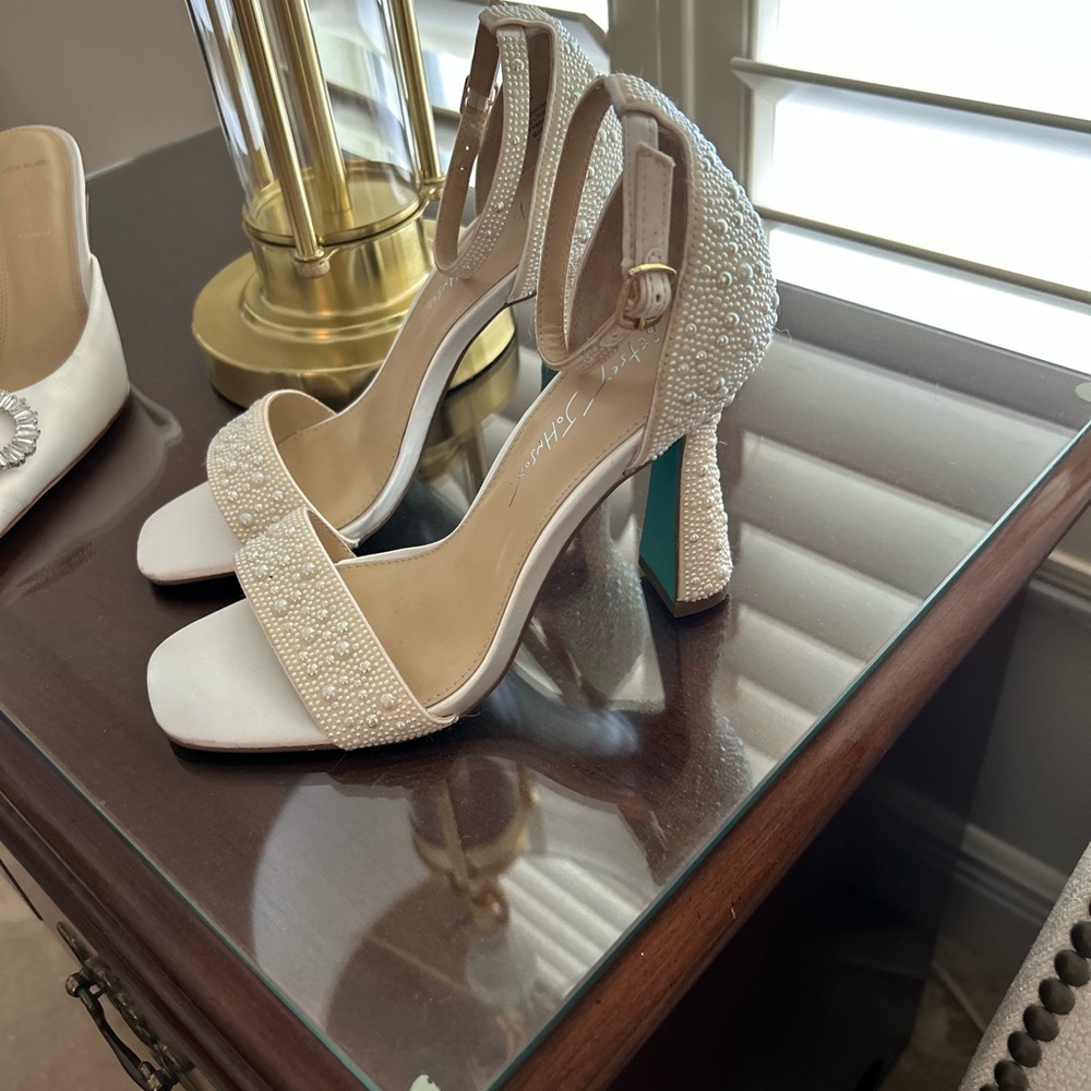 Elegant Pearl-Embellished White Heels